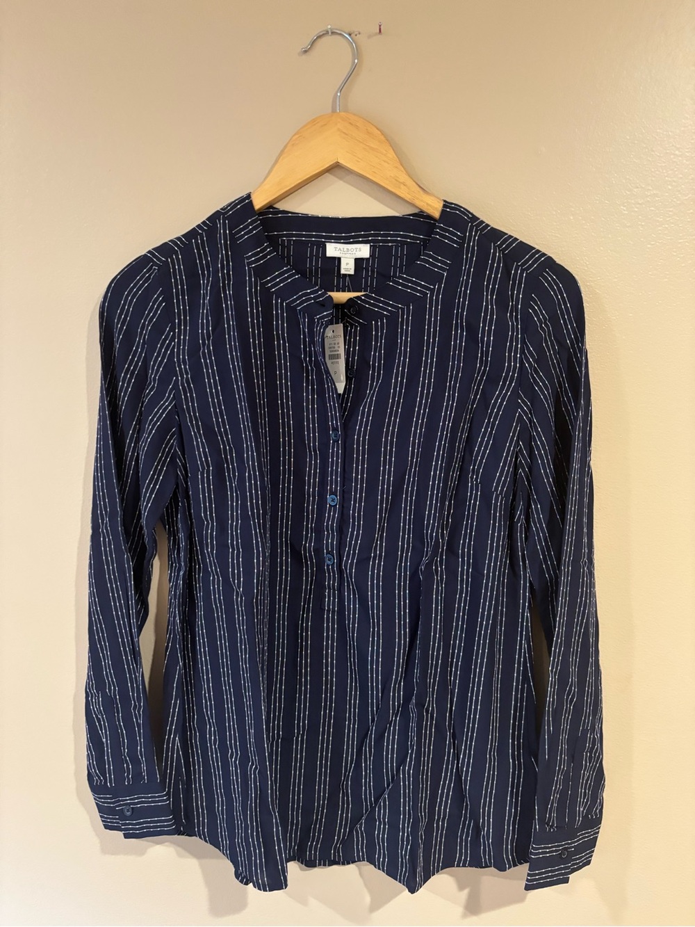 Talbots Navy and White Striped Casual Button-Down Shirt